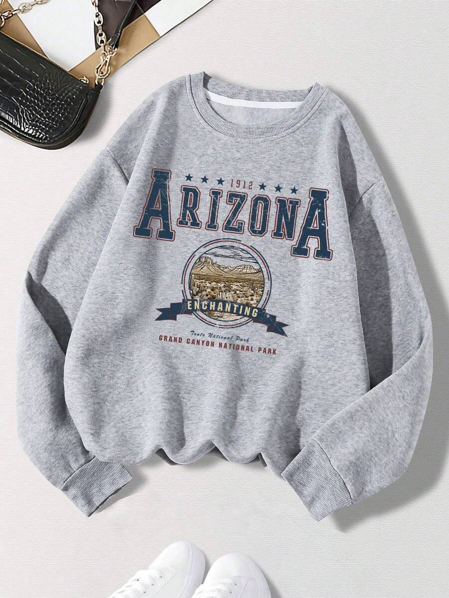 LOVE JOYY Slogan Graphic Thermal Lined Sweatshirt 1912 ARIZONA ENCHANTING Tonto National Park GRA... | SHEIN