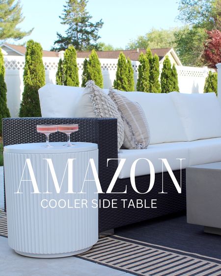 Cooler side table, outdoor rug, outdoor sofa, concrete fire pit, pillows 

#LTKStyleTip #LTKHome #LTKSeasonal