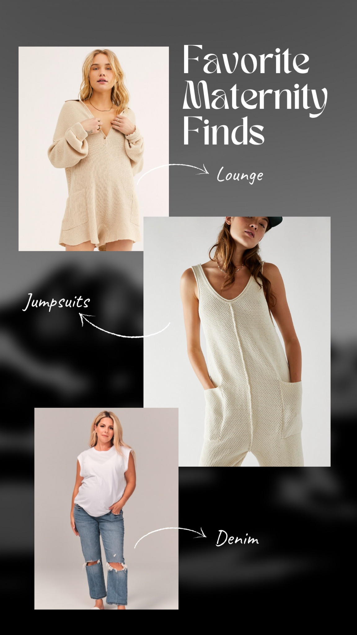 Some of my favorite maternity pieces! For the jumpsuits and rompers, order your usual size since they fit loose naturally.
Free People, Abercrombie, and Old Navy and Gap have great Maternity lines. 

#LTKunder100 #LTKFind #LTKbump