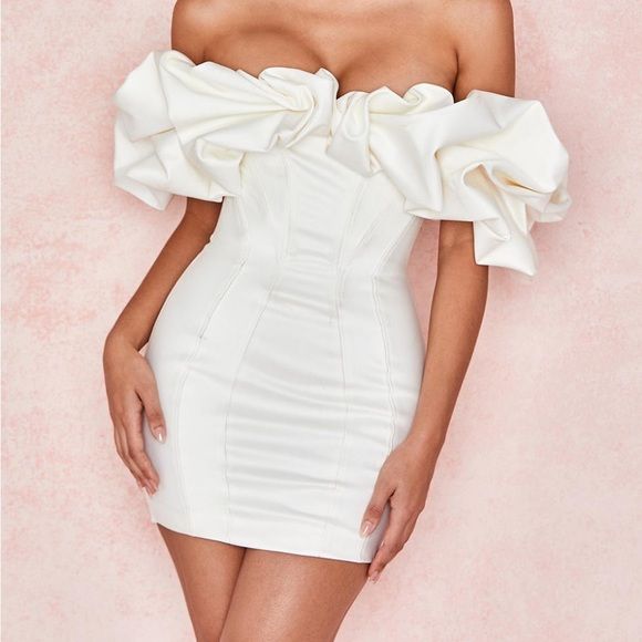 House of CB Selena Ivory Satin Ruffle Strapless Dress | Poshmark
