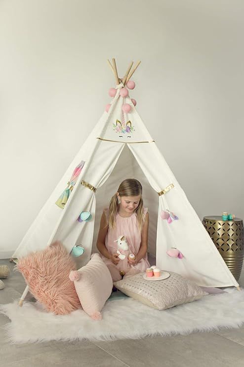 Inspired by Jewel - Kids Teepee Tent Indoor Playhouse with Unicorn Embroidery, Pine Poles, Playma... | Amazon (US)
