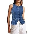 Tankaneo Womens Button Down Denim Vest Tops Sleeveless Fitted Jean Tank Tops Summer Trendy Casual... | Amazon (US)