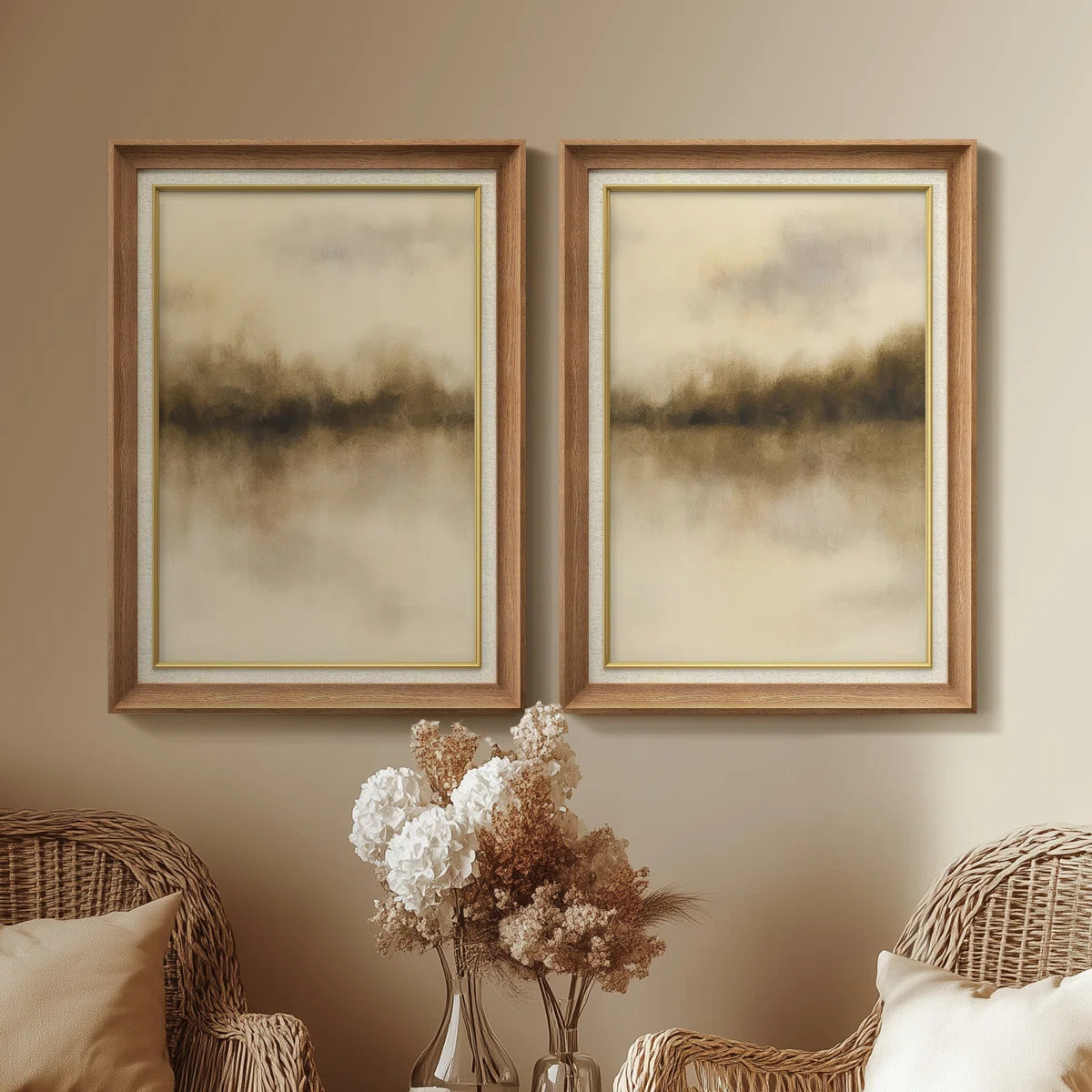 Misty Forest Reflections Calm Sepia - Set of 2 Premium Framed Wall Art Print on Paper 26"x36" | Wayfair North America