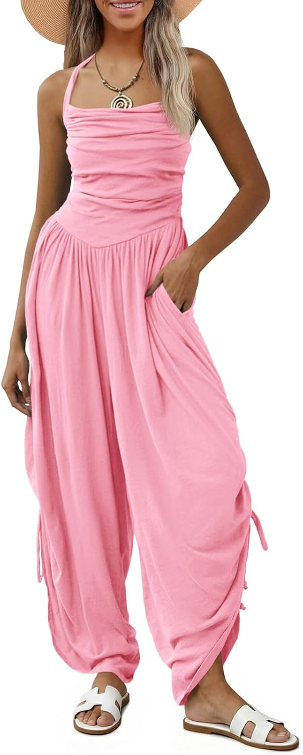 Fisoew Womens Casual Jumpsuits Summer Halter Straps Sleeveless Overalls Ruched Barrel Wide Leg Side-Cinch Long Pant Rompers | Amazon (US)