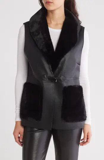 La Fiorentina Faux Fur Trim Faux Leather Vest in Black at Nordstrom Rack, Size Medium | Nordstrom Rack