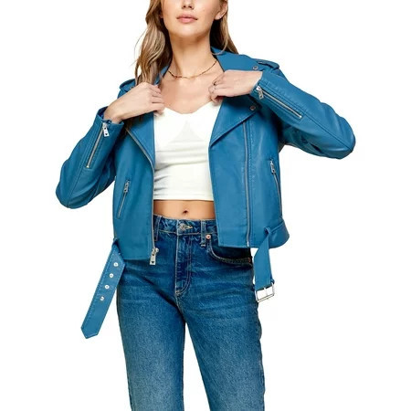 Made by Johnny Women s Asymmetrical Faux Lether Belted Moto Jacket M BLUE | Walmart (US)