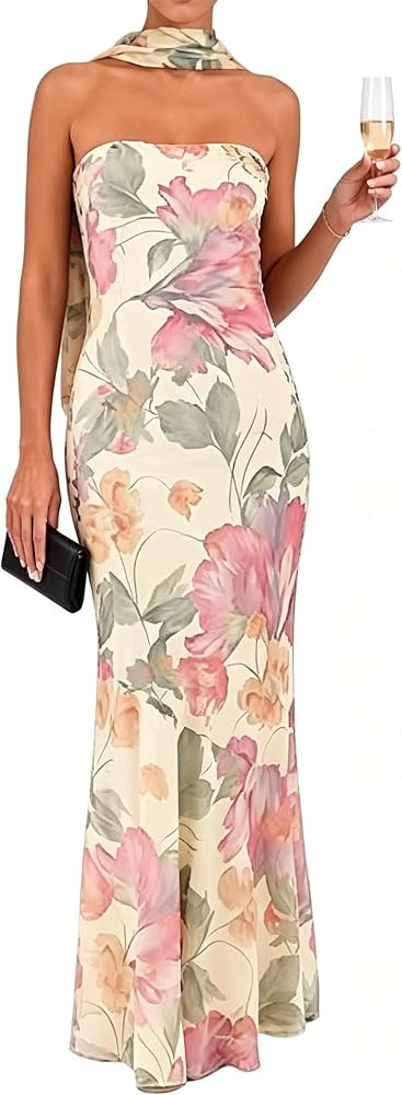 Women's Floral Tube Maxi Dress with Scarf - Y2k Strapless Bodycon Long Dress, Mesh Formal Cocktai... | Amazon (US)