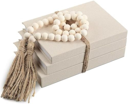 Linen Covered Decorative Books, Set of 3, Coffee Table Books Fabric Book Decor with Wooden Beaded... | Amazon (US)