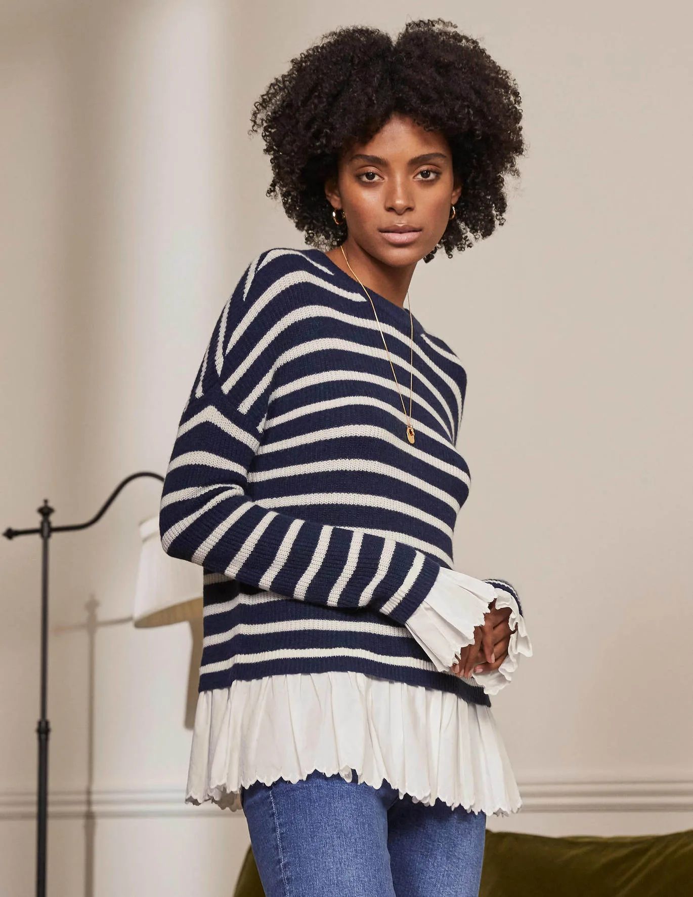 Catherine Woven Fluffy Sweater - Navy/Ivory Stripe | Boden (US)