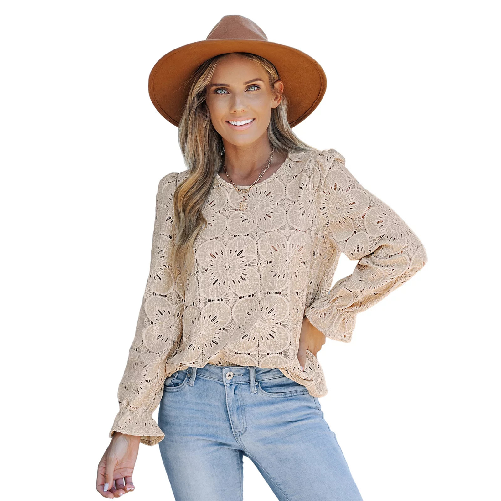 Women's Cupshe Embroidered Floral Blouse, Size: Large, Beige | Kohl's