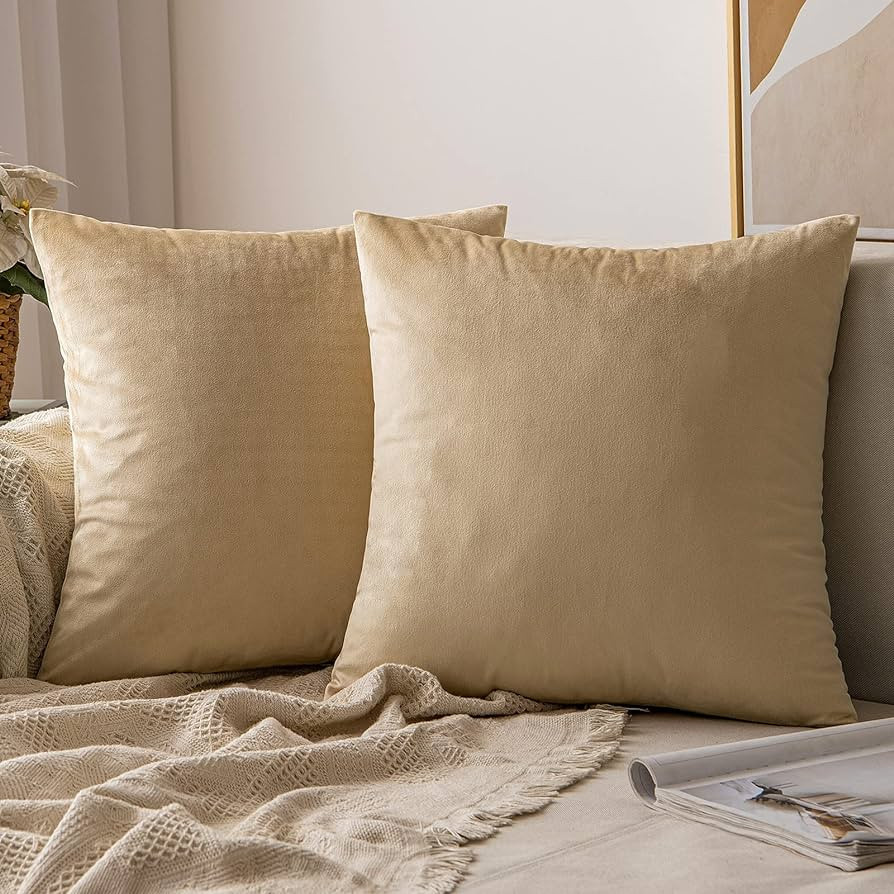 MIULEE Velvet Throw Pillow Covers 20x20 Inch, Pack of 2 - Beige, Soft Solid Decorative Pillow Cov... | Amazon (US)