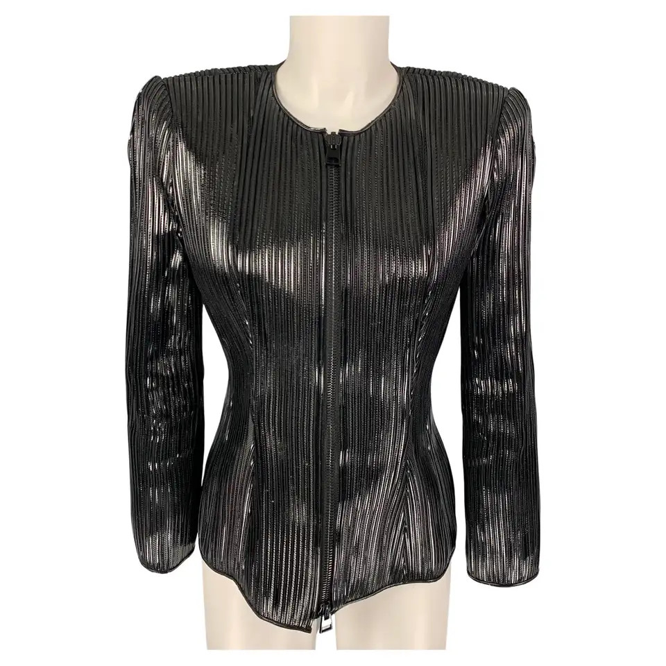 TOM FORD Size 6 Black Silk Cotton Ribbed Leather Jacket | 1stDibs