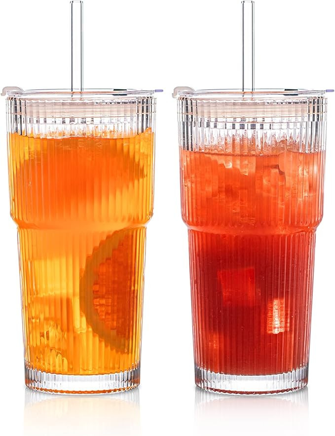 INSETLAN 20 oz Ribbed Glass Tumblers with Lids and Glass Straws – 2-Piece Glassware Set, Thicke... | Amazon (US)