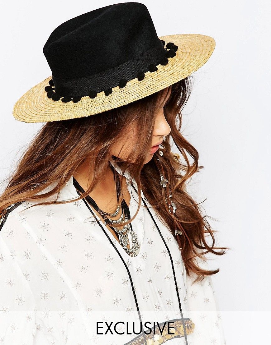 Catarzi Straw Hat with Contrast Black Crown and Pom Pom Trim | Asos AU