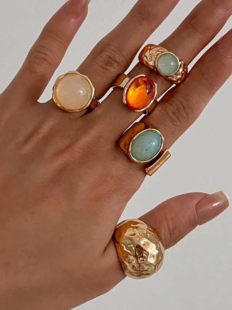 7pcs Vintage European & American Style Luxury Fashion Gemstone Inlaid Rings, Asymmetrical Thick Metal Golden Rings Set, Women Daily Party & Banquet Decorative Jewelry Set | SHEIN