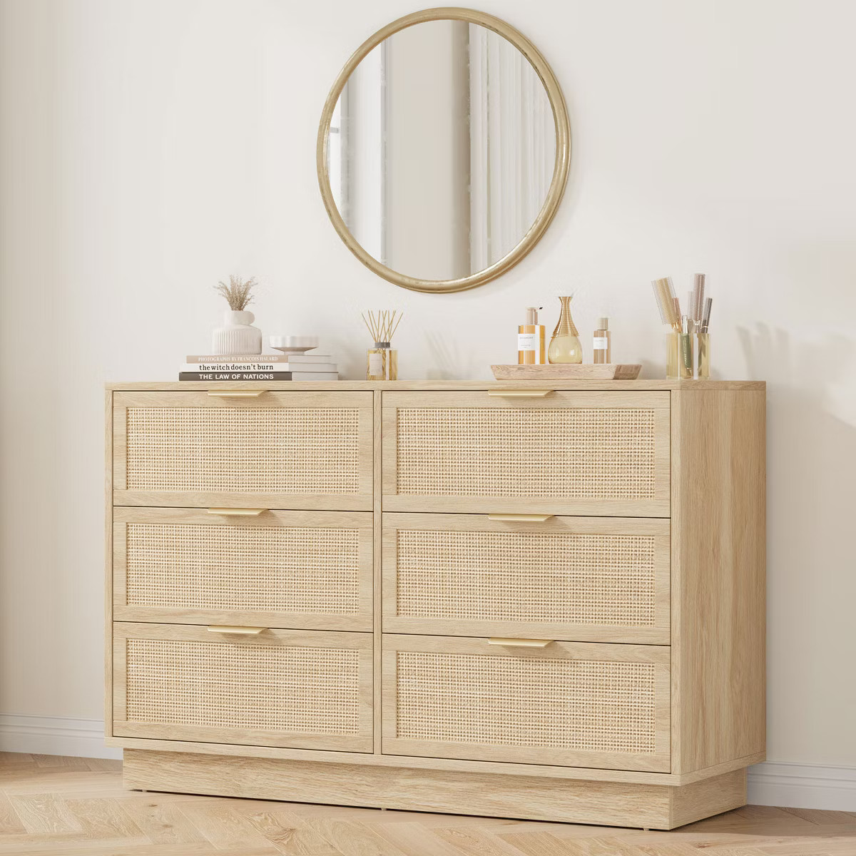 Rattan 6 Drawer Dresser, 47in Wide Natural Oak 6 Chest of Drawers with Metal Handles and Wooden S... | Target