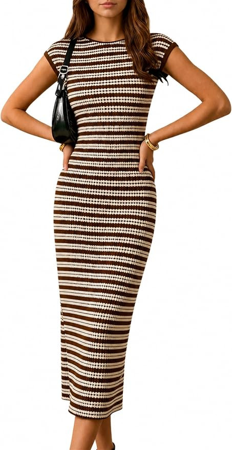 itnpbwus Women's Striped Midi Dress Casual Work Crew Neck Cap Sleeve Knit | Amazon (US)