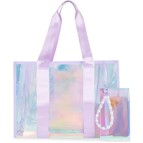 LLYONE Large Beach Tote Bag for Women, 26L Sandproof Waterproof Clear Iridescent Beach Bag with Phone Pouch & Pearl Bracelet for Pool, Travel | Amazon (US)
