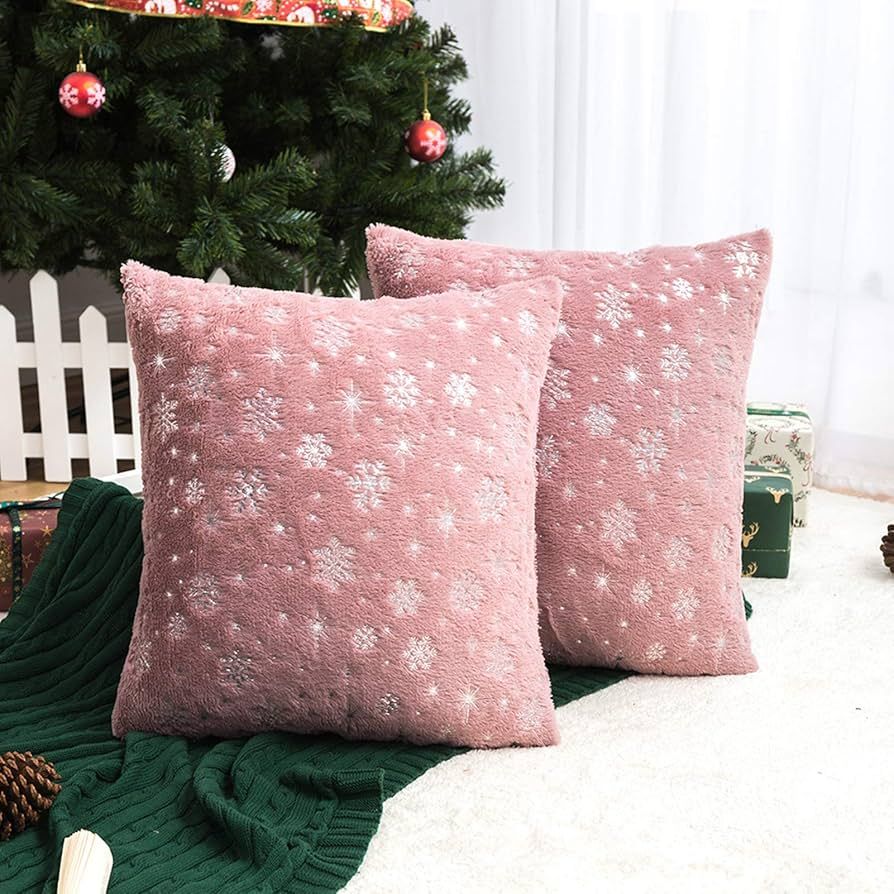 AQOTHES Soft Faux Fur Fuzzy Cute Decorative Throw Pillows Covers with Snowflake Glitter Printed P... | Amazon (US)