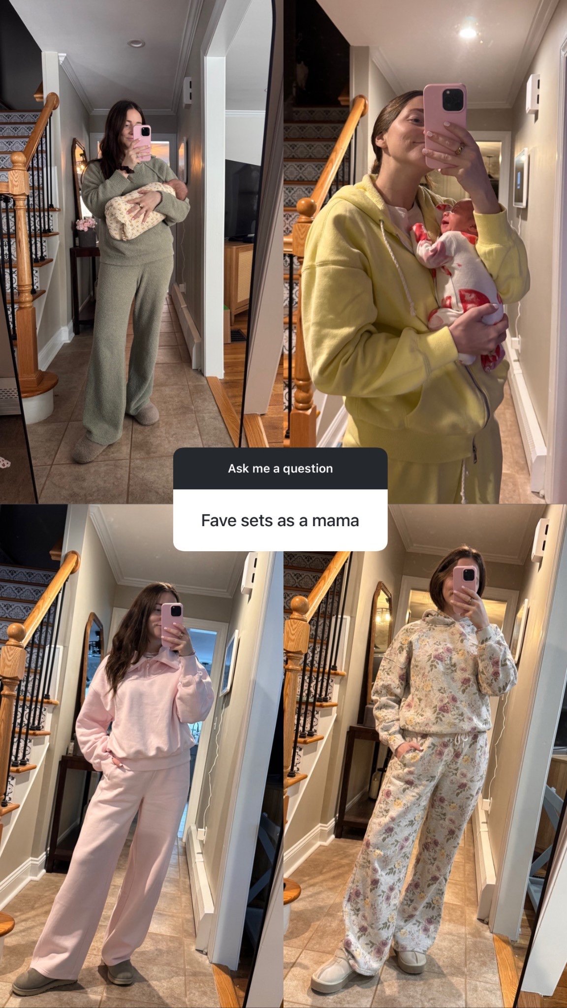 Sets for postpartum!! 
Size M in top left set
Size M in yellow zipup, small in yellow pants
Size small in pink set
Size M in floral set 

#LTKmomlife #LTKSaleAlert