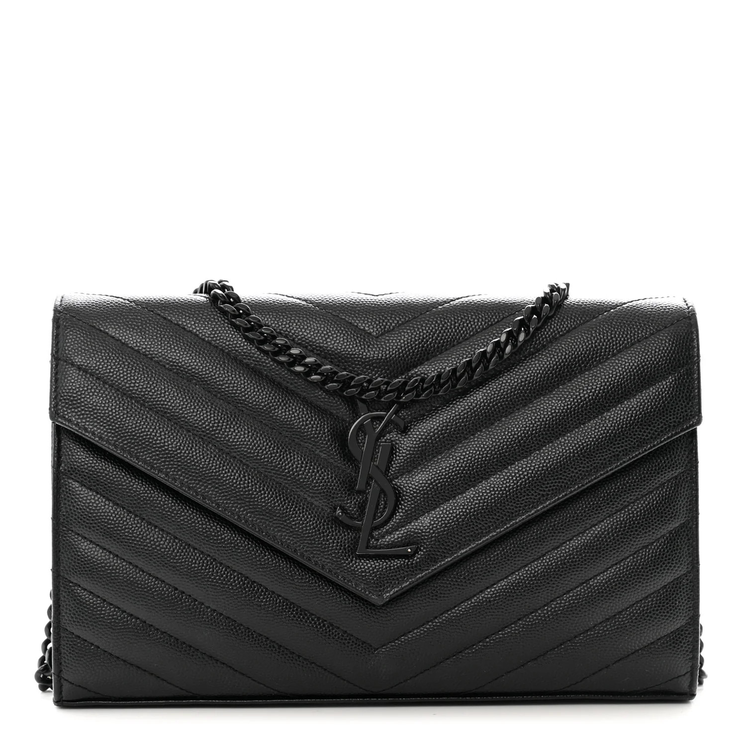 Saint Laurent Grain De Poudre Matelasse Chevron Monogram Monochrome Chain Wallet Black | FASHIONPHILE (US)