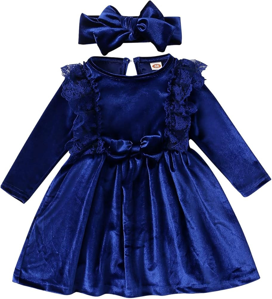 Baby Girls Velvet Lace Ruffle Dress for Kids Princess Vintage Evening Dresses with Headband Chris... | Amazon (US)