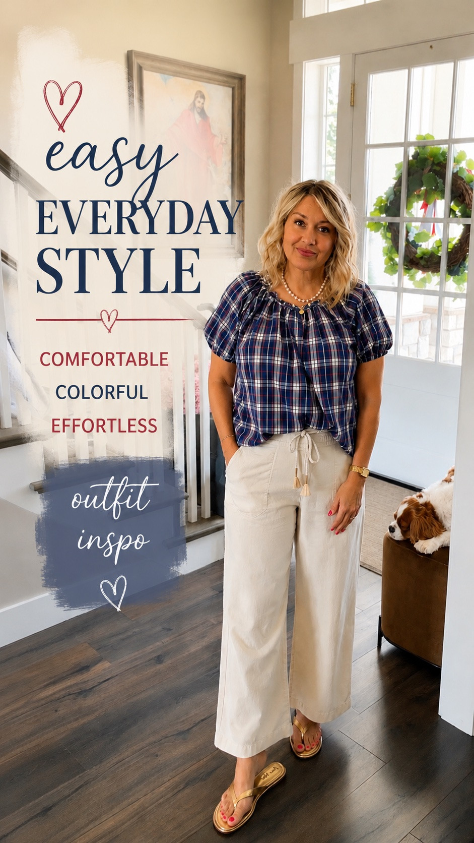 Red, white, and effortless 🇺🇸❤️💙 One of those outfits that feels just as good as it looks. Lightweight, comfortable, easy to style, and perfect for summer gatherings, morning walks, or everyday errands. The cream wide-leg pants are a closet staple, and this plaid blouse adds the prettiest pop of color. Follow @anyaslooks for more affordable midsize fashion finds and everyday style inspiration!