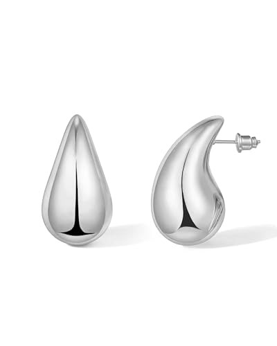 PANSHI Sterling Silver Earring Chunky Silver Hoop Earrings for Women Teen Trendy Hypoallergenic Stud Post Drop Earrings Jewelry (White Gold Chunky) | Amazon (US)