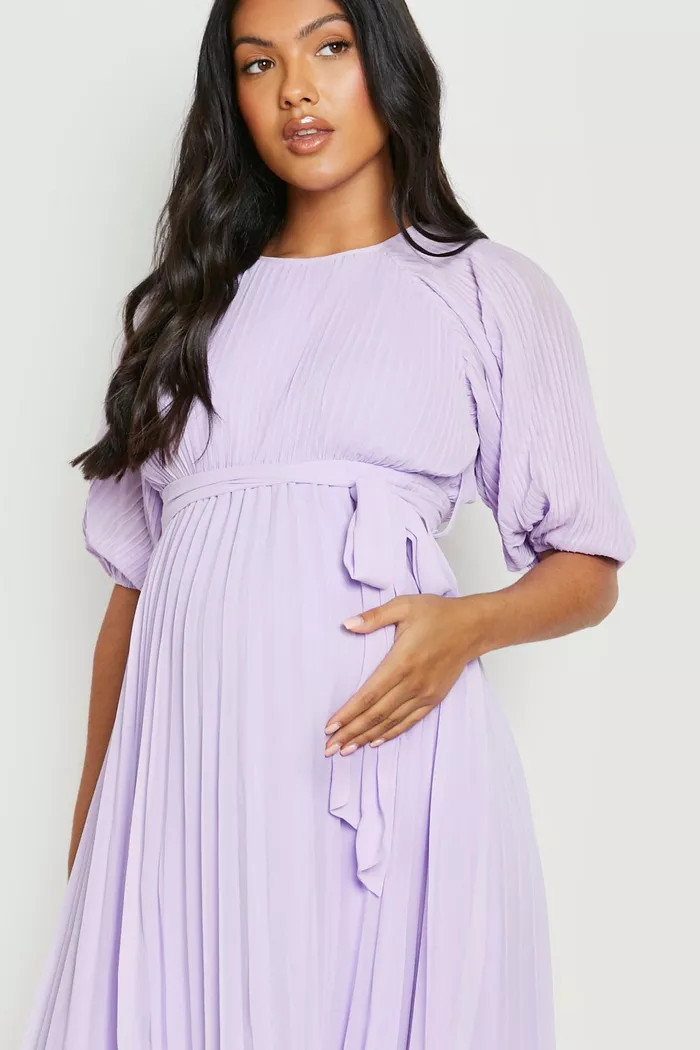 Maternity Tie Waist Pleated Puff Sleeve Midi Dress Maternity Wedding Guest Dress #LTKbump | Boohoo.com (US & CA)