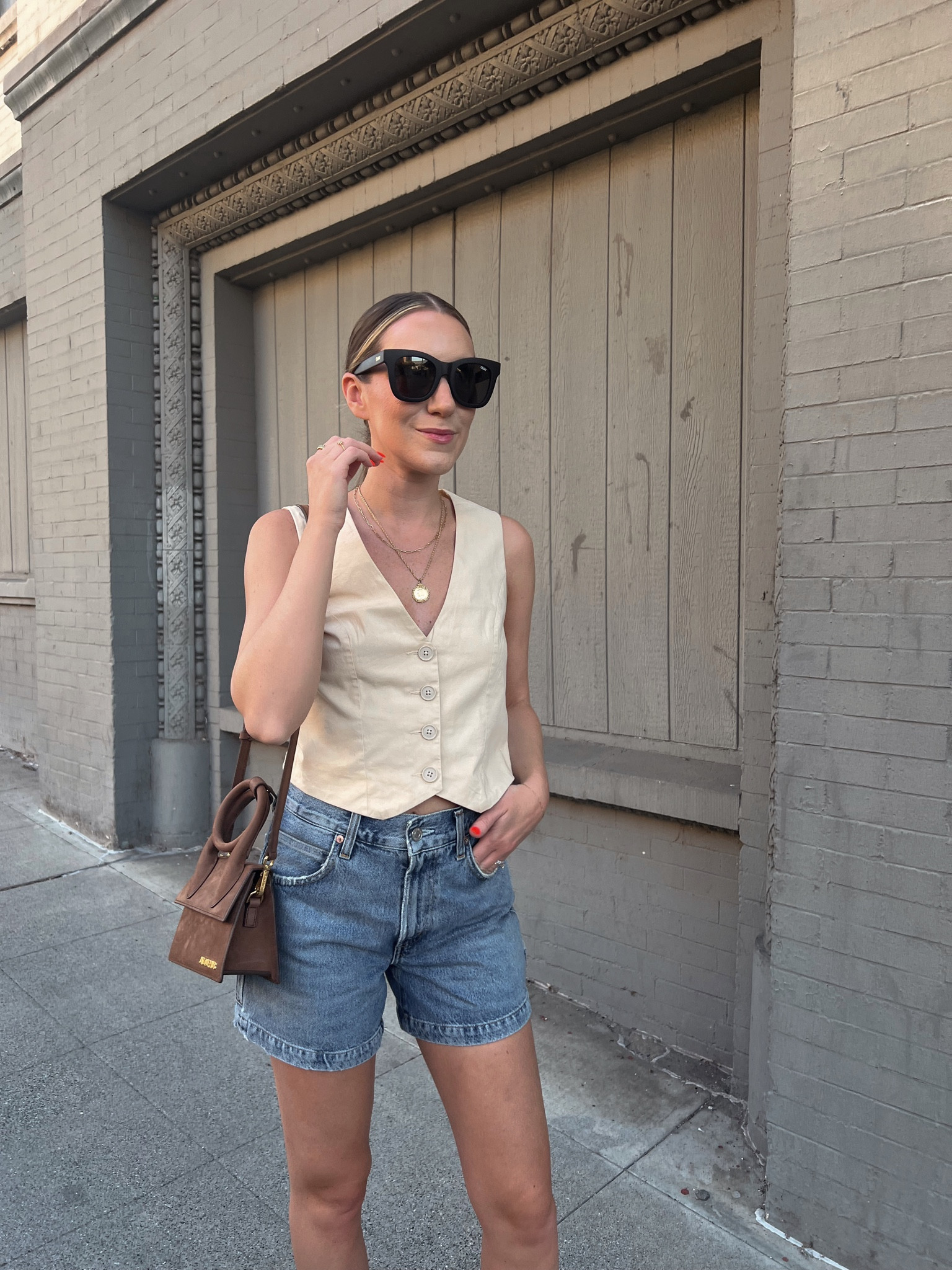 Saturday ootd✨ vest and denim shorts. Wearing a xs in the vest and size 24 denim (sized down one from typical 25)

Casual outfit / vest outfit / outfit inspo / vest and denim / quay sunglasses / summer style 

#LTKstyletip #LTKSeasonal