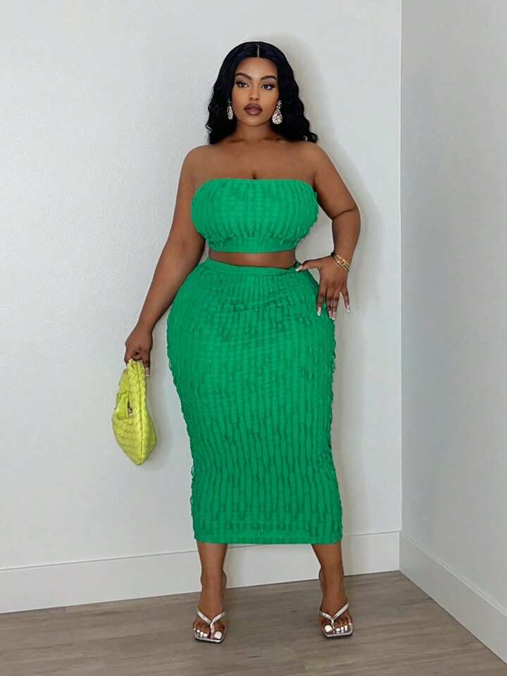 SHEIN Slayr Plus Size Elegant Stretchy Knit Ribbed Green Tube Top And Skirt Set For Summer Piece ... | SHEIN