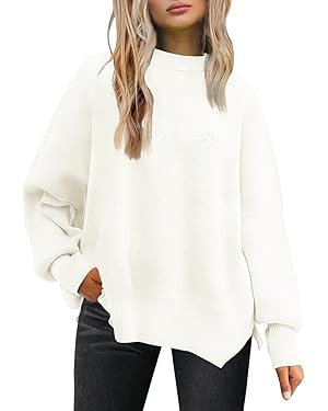 Women's Jumpers Winter Casual Crew Neck Knitted Sweaters Long Sleeve Loose Pullover with Side Sli... | Amazon (UK)