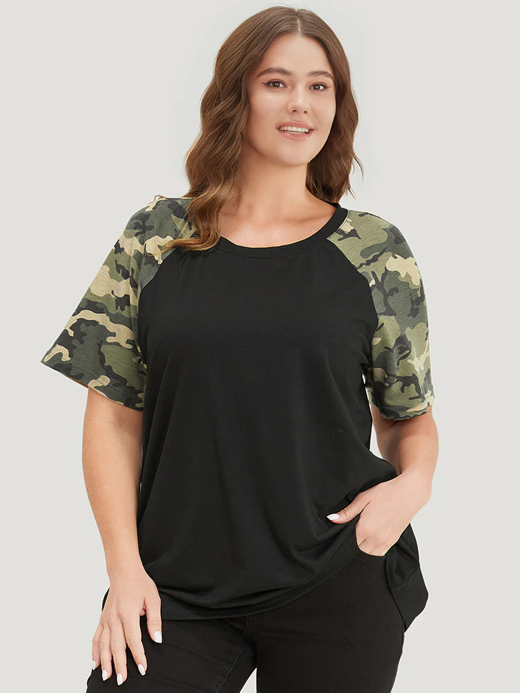 Camo Raglan Sleeve Round Neck T-shirt | Bloomchic