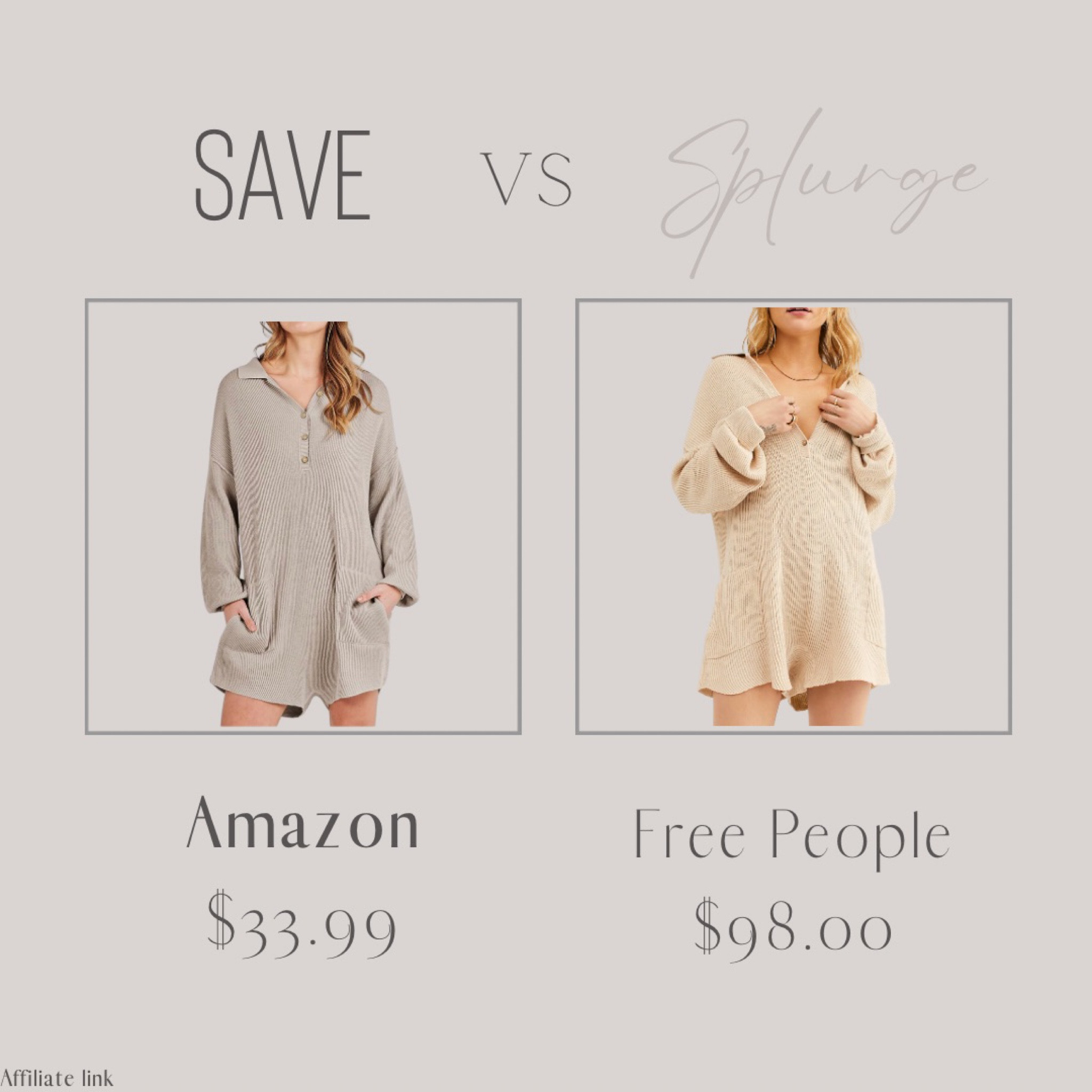 Save VS Splurge 


#freepeople #romper #sweaterromper #fallfashion #amazonfinds #amazonfashion 

#LTKFind #LTKunder50