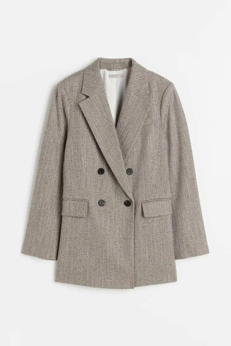 Double-breasted Blazer - Taupe/herringbone-patterned - Ladies | H&M US | H&M (US + CA)