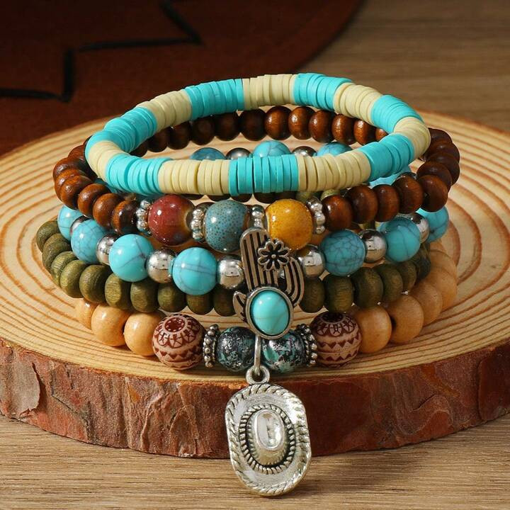 5pcs Bohemian Wood Beads Turquoise Leaf Daisy Ox Head & High Heel Charm Women Bracelet | SHEIN