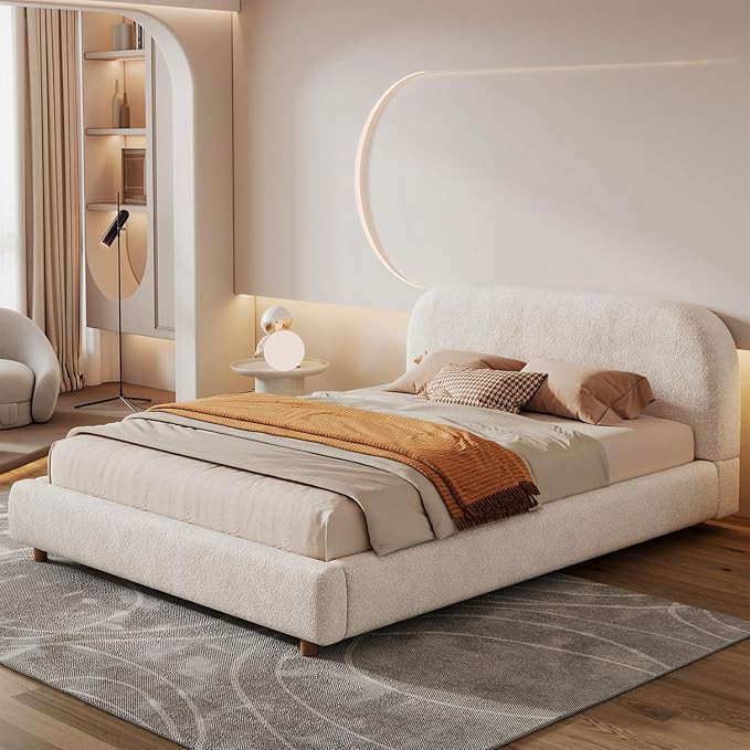 Queen Size Bed Frame, Upholstered Cloud Boucle Platform Beds Frames with Headboard, Anti-Collisio... | Amazon (US)