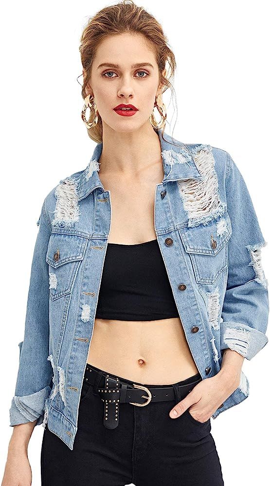 Floerns Women's Causal Long Sleeve Wash Distressed Jean Denim Jacket | Amazon (US)