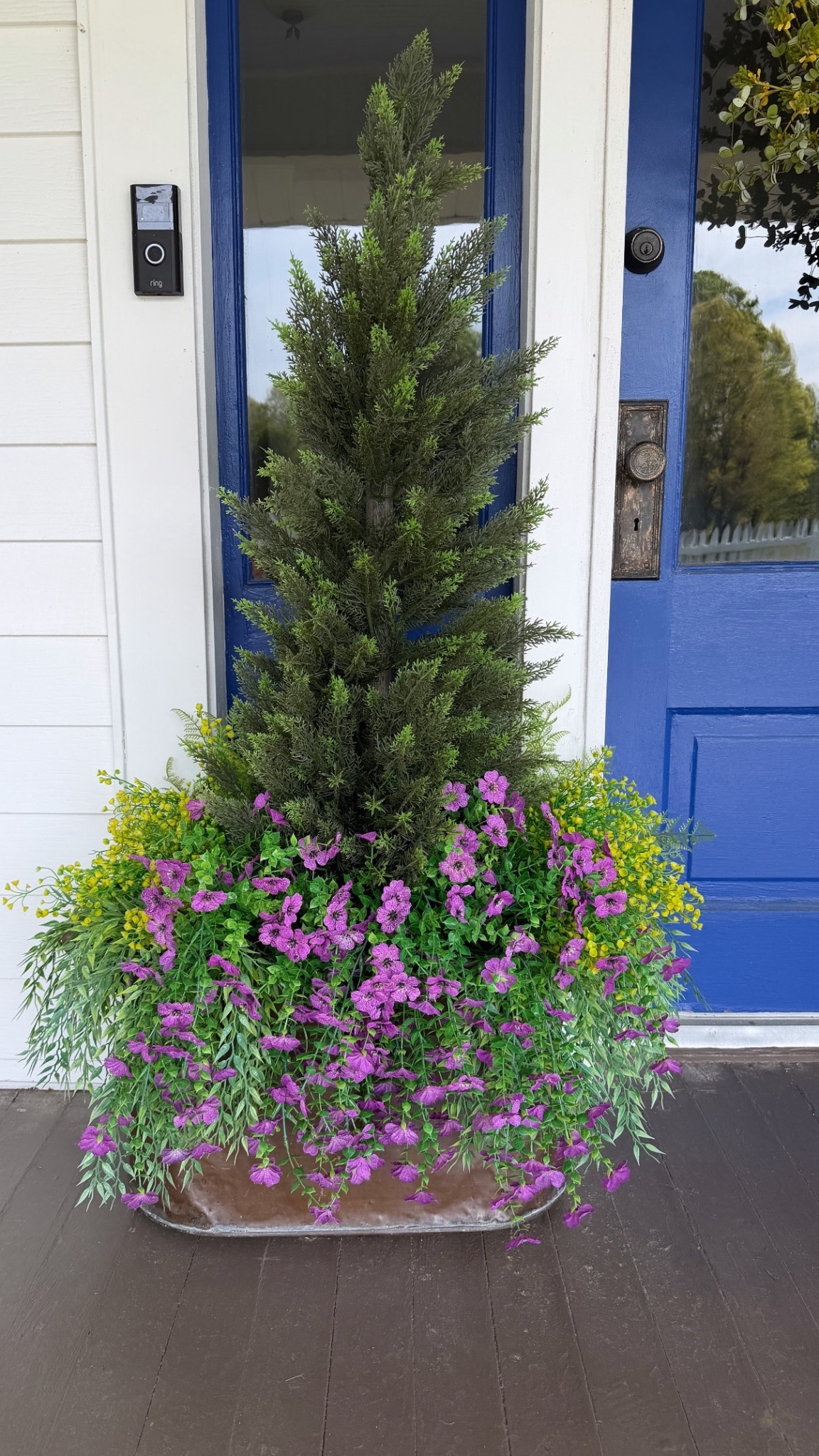My front porch container arrangement.  The bottom is filled with wood, so everything can be at the top.  I have 2 of these.  One in each side of my door. Each one is arranged as follows.  
Tree first. Then 6-8 of the willows, 4 ferns, 4 of the yellow bells and 2 of the purple flowers.  


 