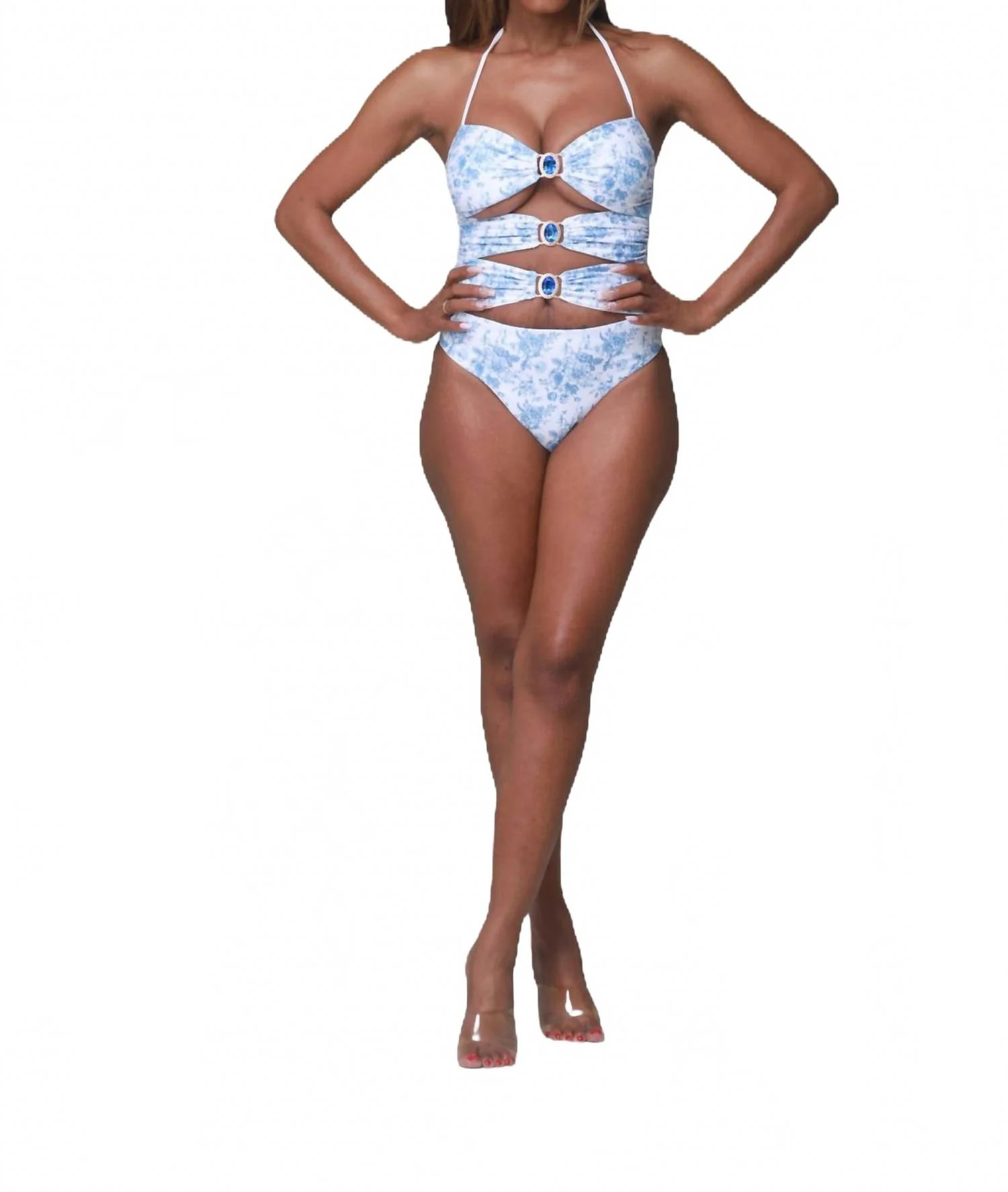 Pilar Jeweled Monokini In White/blue | Shop Simon
