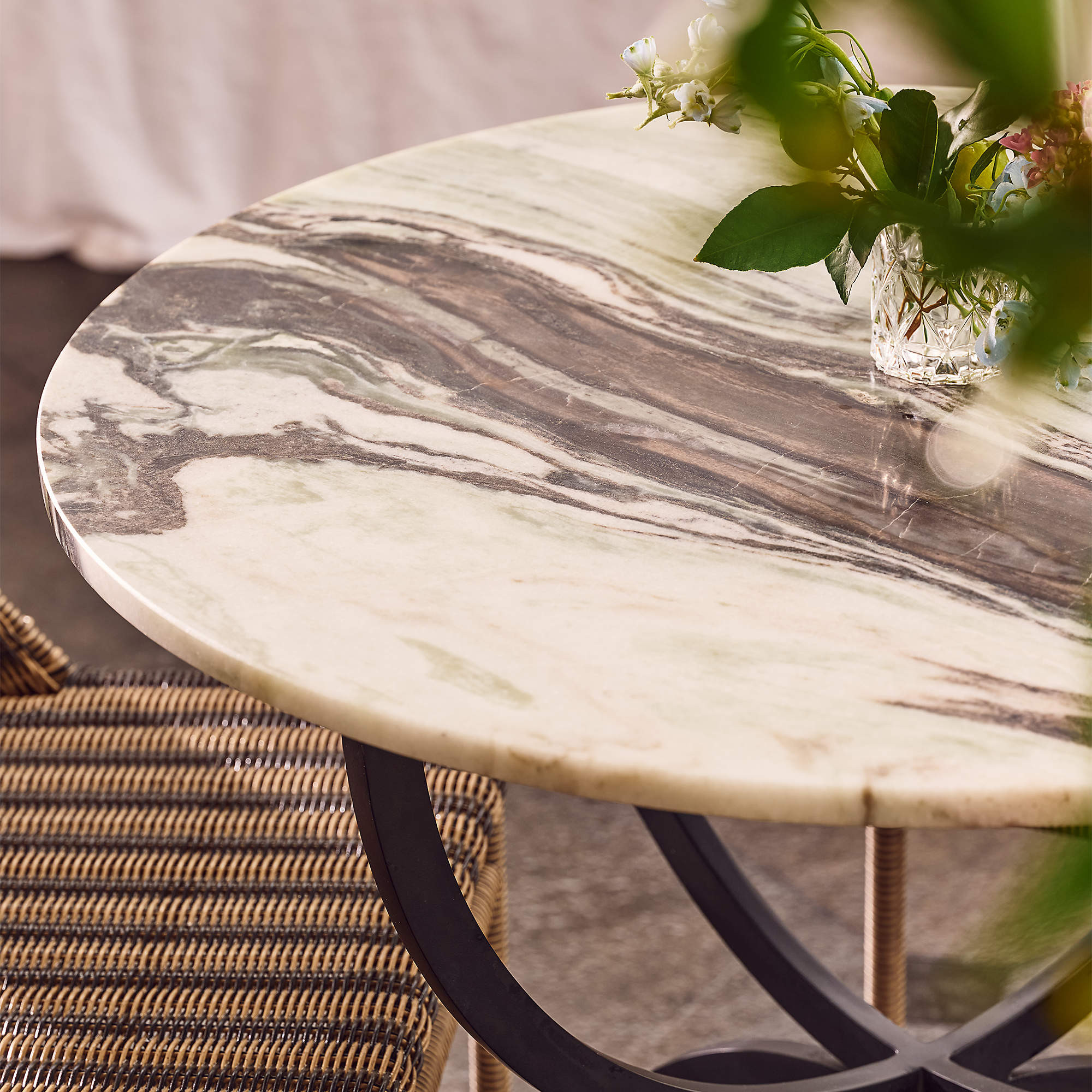 Colima 32" Round Black Metal Outdoor Bistro Table with Marble Top + Reviews | CB2 | CB2