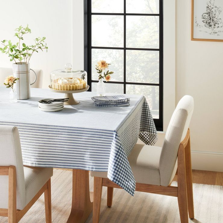 60"x120" Engineered Gingham Rectangular Woven Tablecloth Blue/Cream - Hearth & Hand™ with Magno... | Target