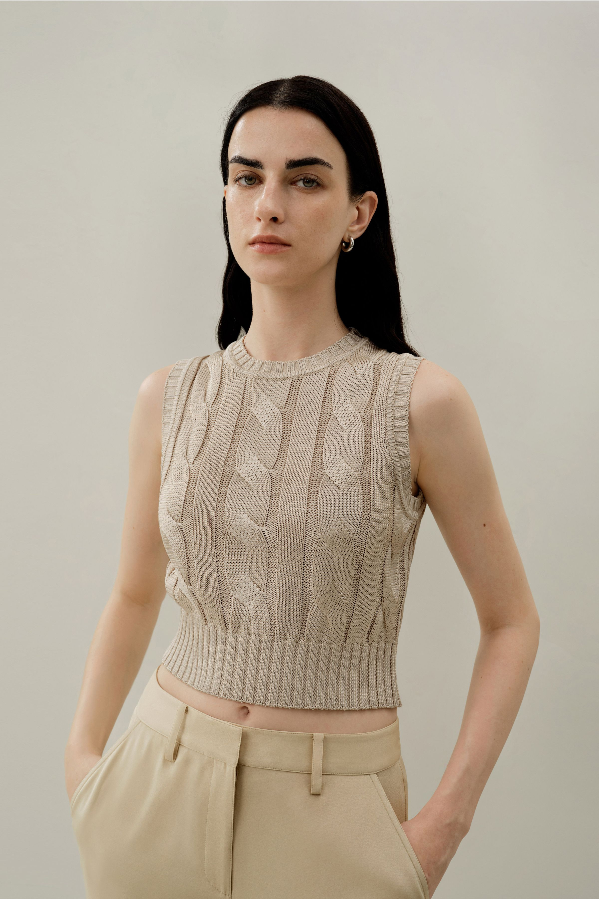 Cable Knit Tussah Silk Cropped Top | LILYSILK
