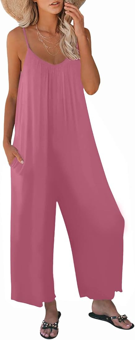 snugwind Womens Casual Sleeveless Strap Loose Adjustable Jumpsuits Stretchy Long Pants Romper with P | Amazon (US)