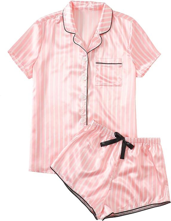 WDIRARA Women's Satin Sleepwear Short Sleeve Button Shirt and Shorts Pajama Set Silky PJ | Amazon (US)