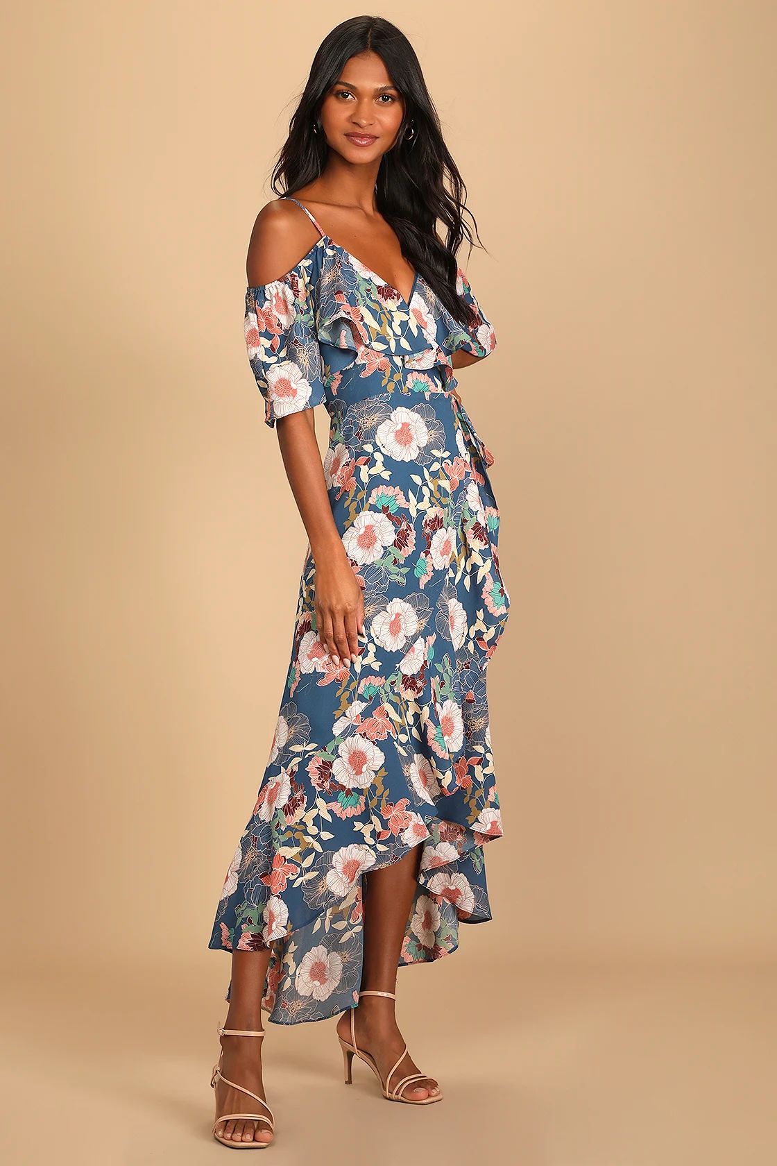 Fully Bloomed Blue Floral Print Off-the-Shoulder Maxi Wrap Dress | Lulus (US)
