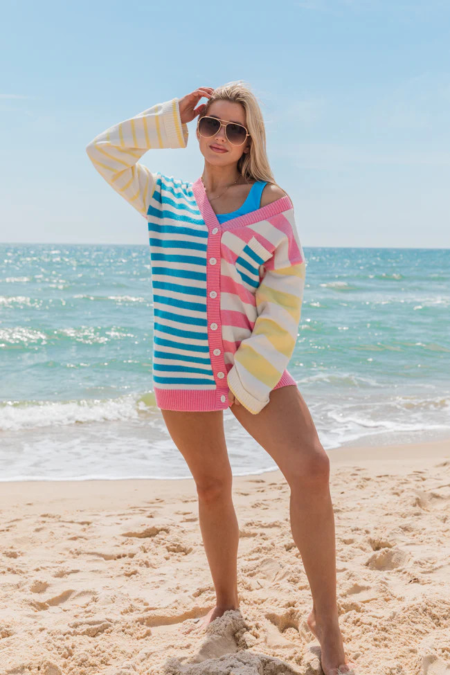 Coastal Charm Multi Stripe Cardigan | Pink Lily