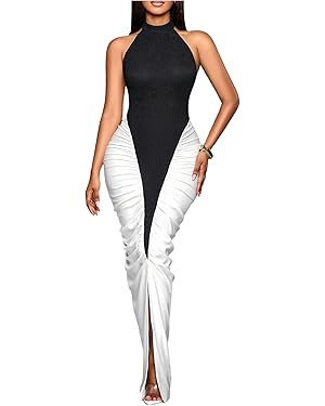 SHENHE Women's Halter Bodycon Maxi Dress Color Block Ruched Slit Backless Cocktail Dress | Amazon (US)