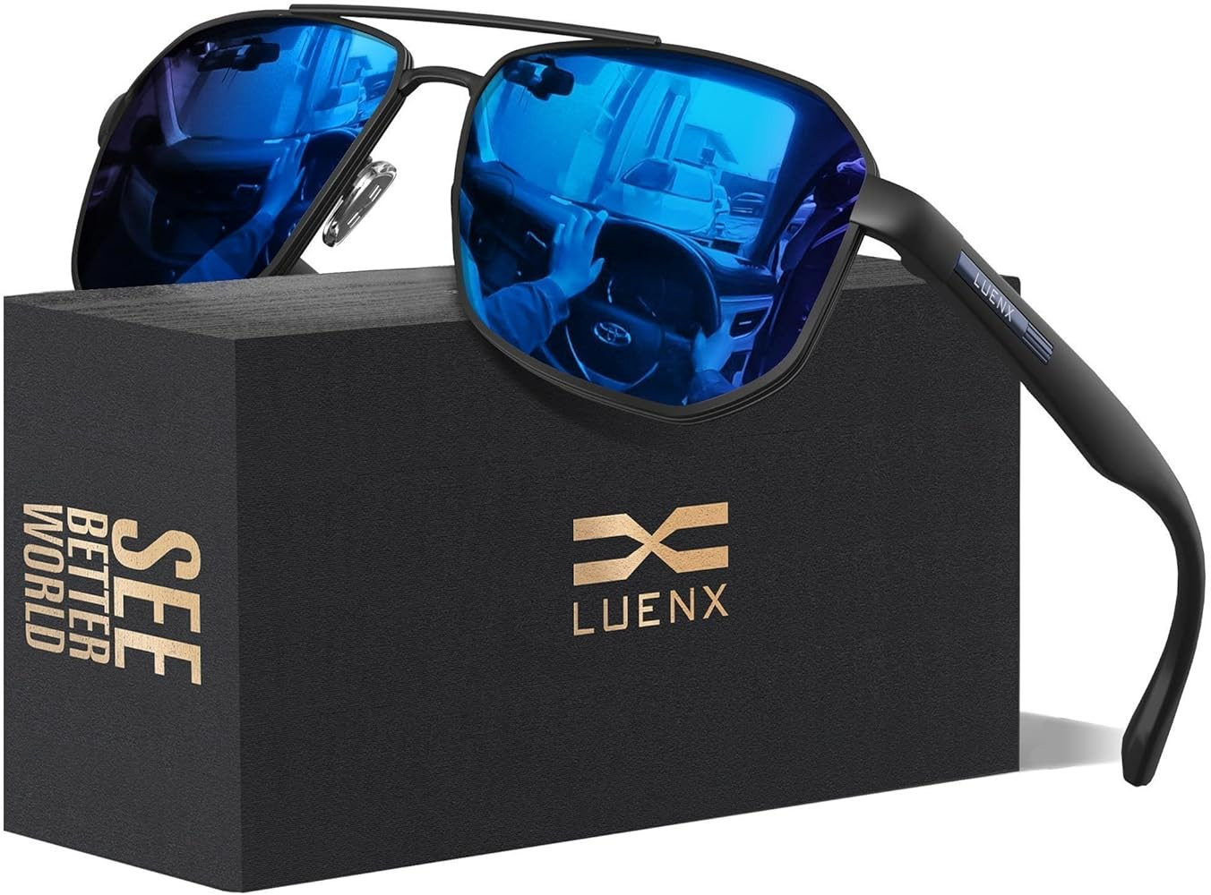 LUENX Aviator Sunglasses for Men Square Polarized Polygon Lens - UV 400 Protection with Accessori... | Amazon (US)