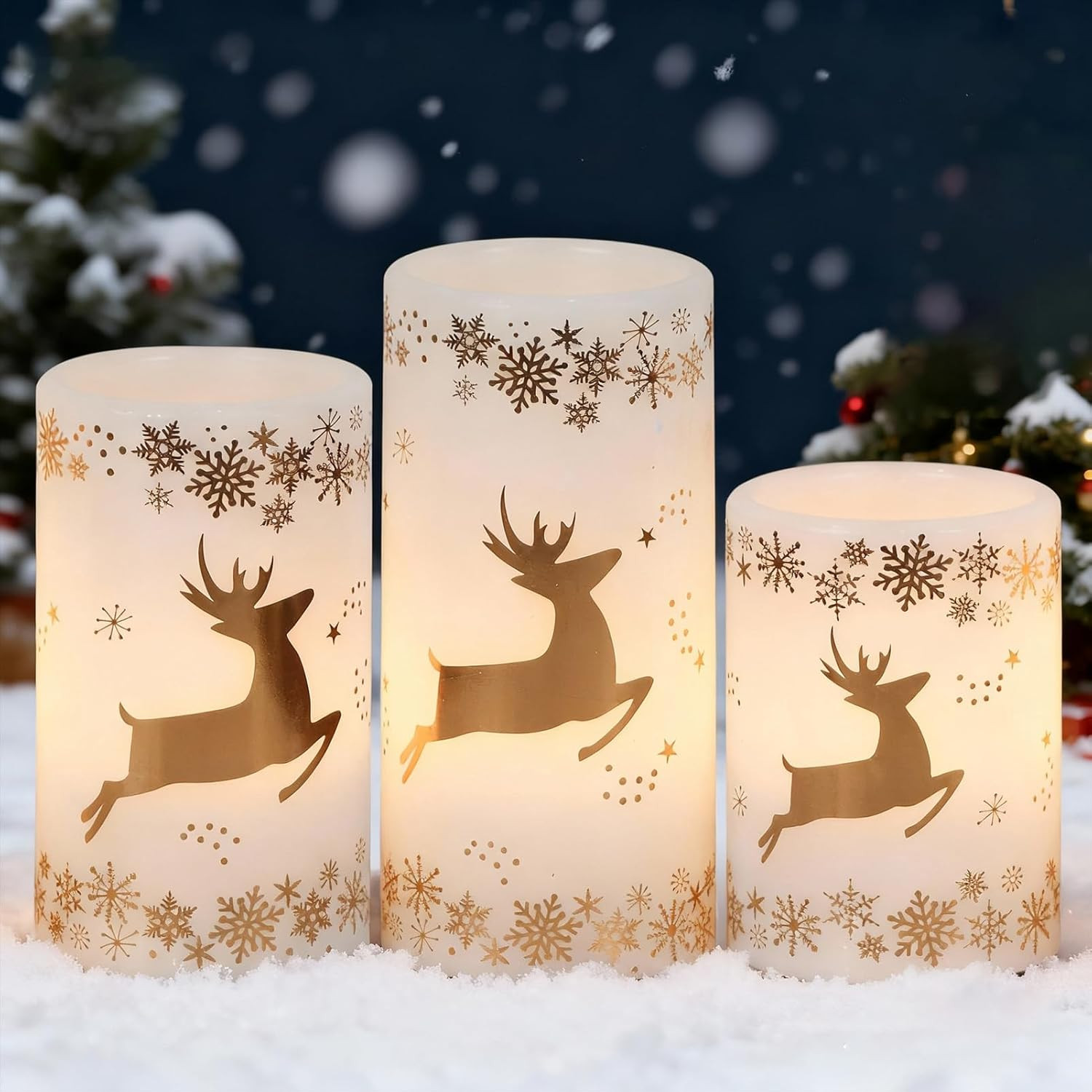 Golden Reindeer Christmas Candles with 6H Timer, Real Wax LED Candles Flameless Flickering, Batte... | Amazon (US)
